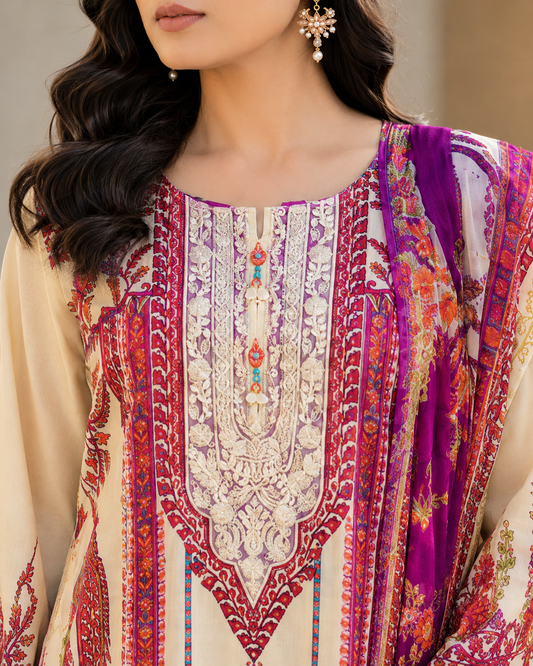 Cream & Maroon Stitched Suit (3-Piece)