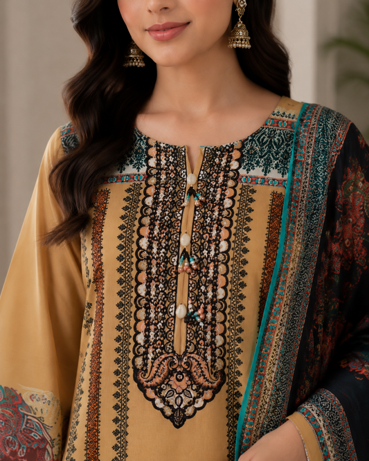 Mustard & Black Embroidered 3-Piece Suit