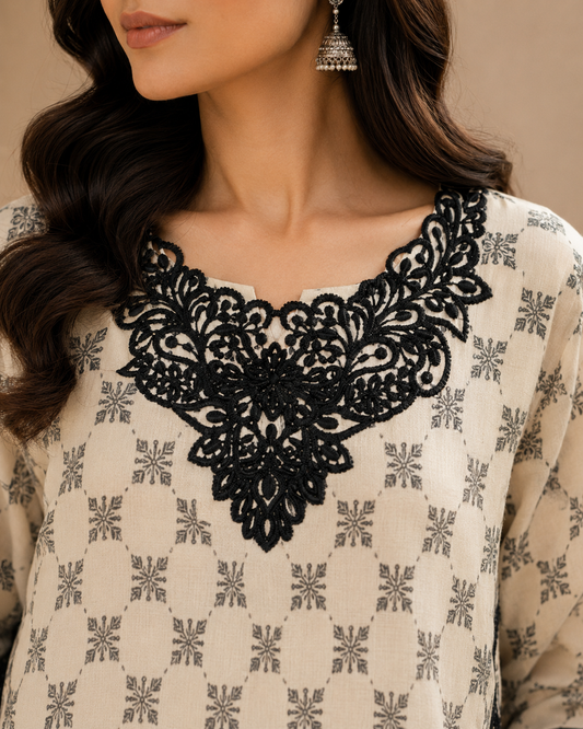 Printed Winter Cotton 3 Piece Suit – Ivory Beige