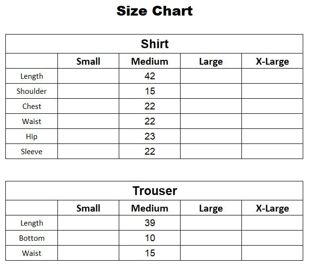Embroidered 4 Season Cotton (2-Piece Suit) size chart