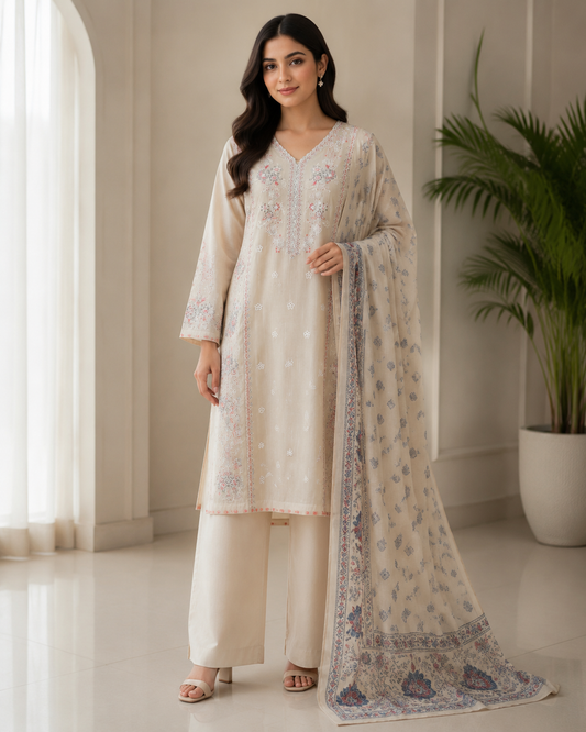 Ivory Bloom Embroidered Lawn Suit