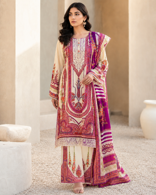 Cream & Maroon Stitched Suit (3-Piece)