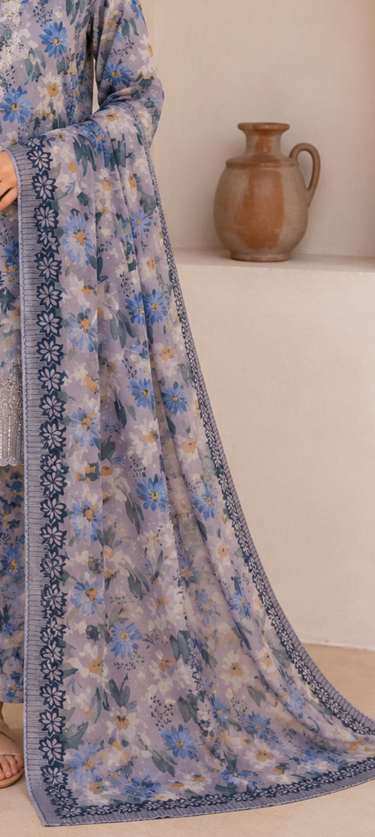 Silver Blossom Embroidered Lawn Suit