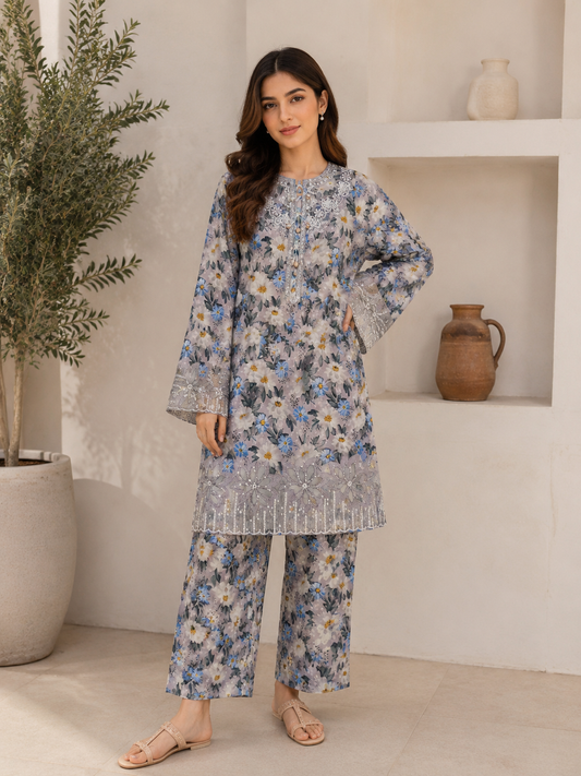 Silver Blossom Embroidered Lawn Suit