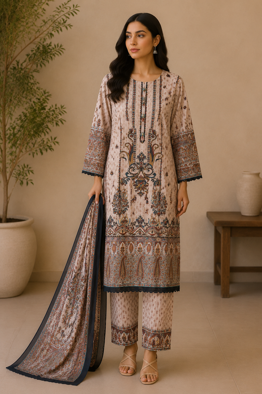 Classic Beige Premium Lawn 3 Piece Suit