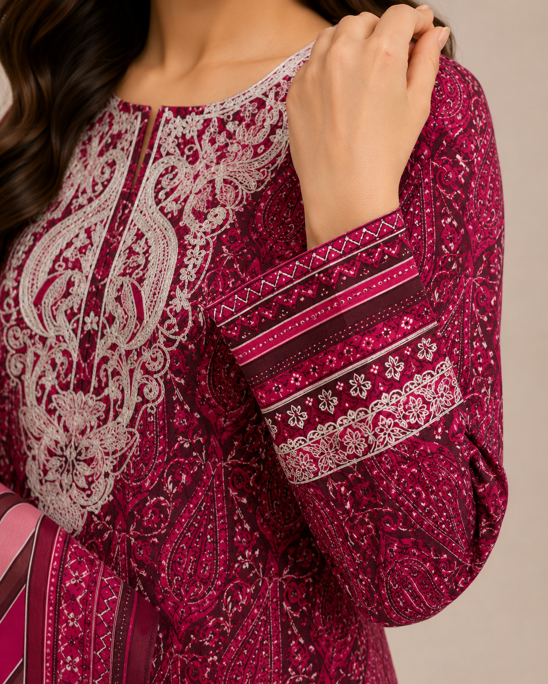 Maroon Embroidered Printed Lawn Dress