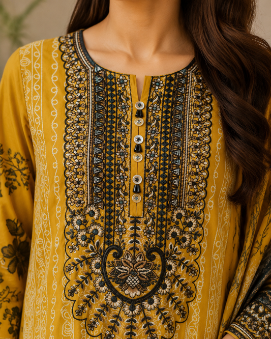 Mustard Grace Lawn Suit (3-Piece)