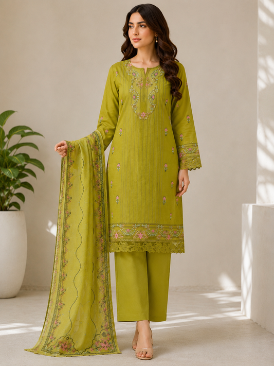 Olive Grace Embroidered Lawn Suit (3-Piece)