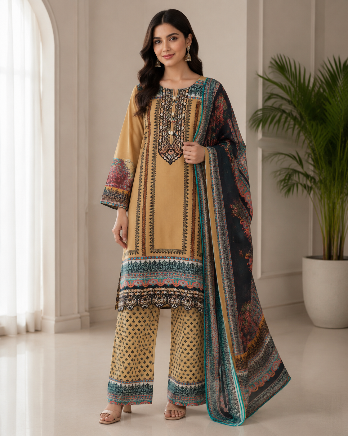 Mustard with Black Border Dress