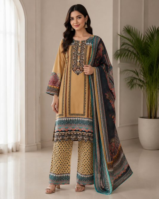 Mustard & Black Embroidered 3-Piece Suit
