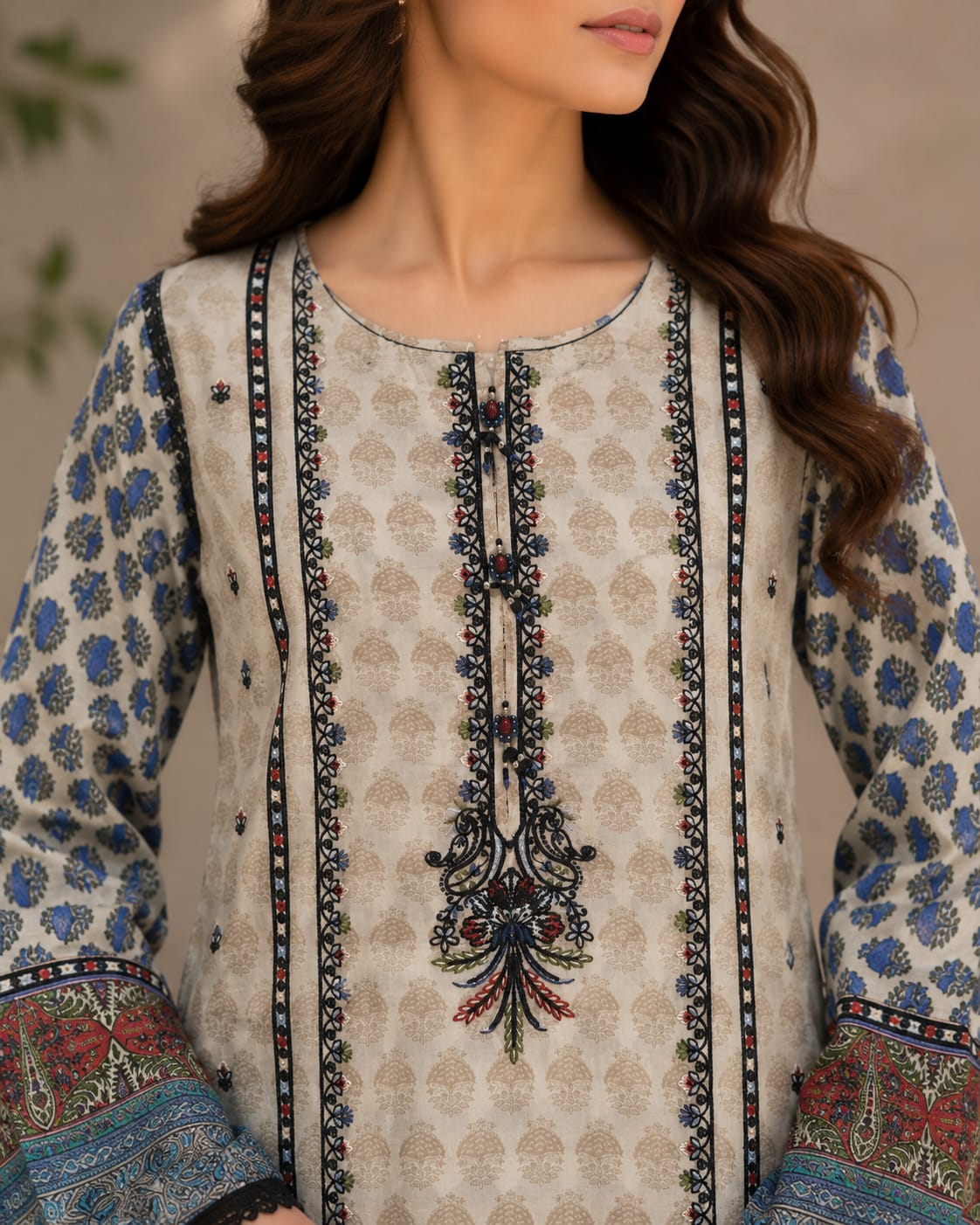 Off White & Blue Embroidered Dress