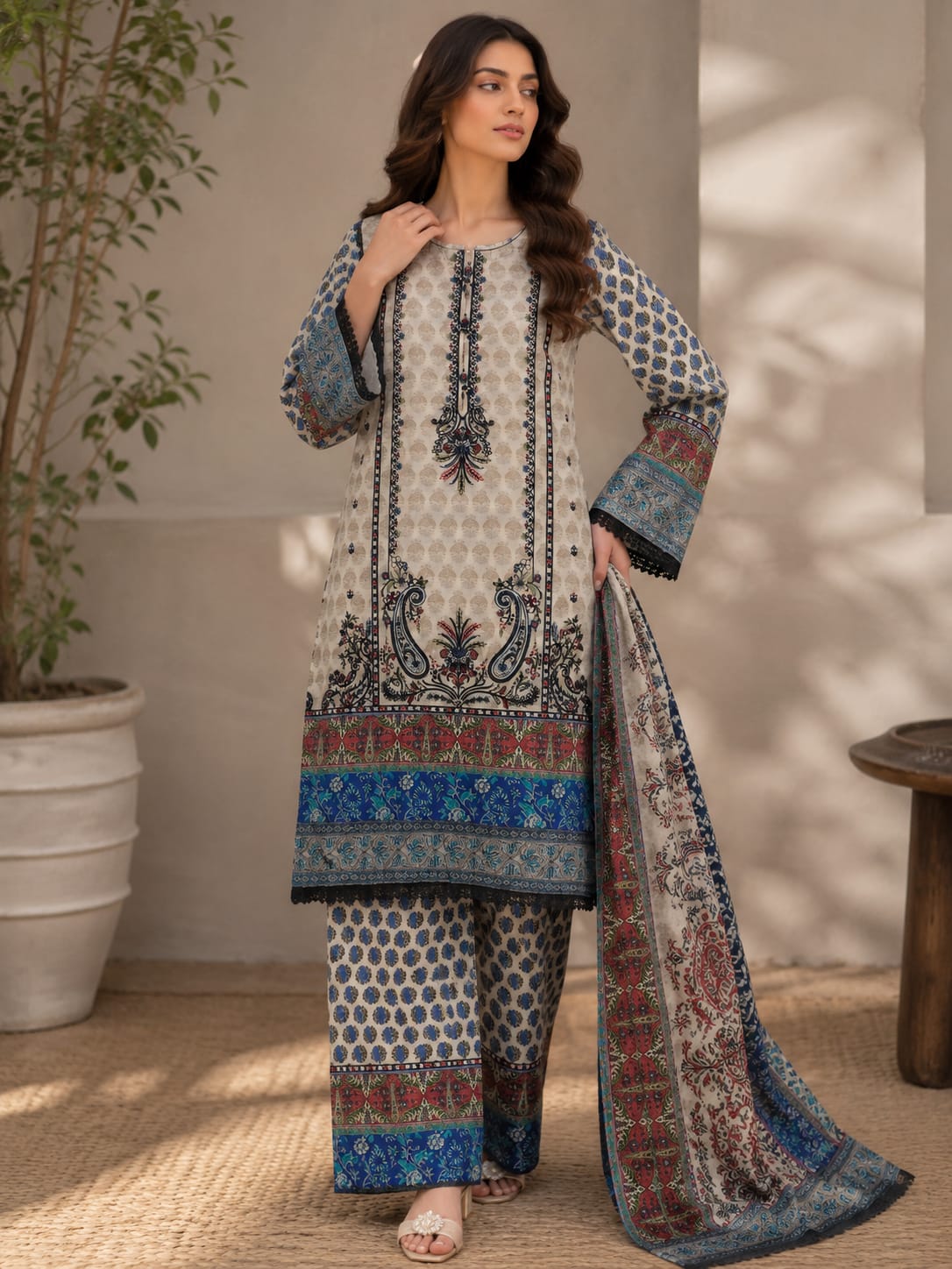 Off White & Blue Embroidered Dress