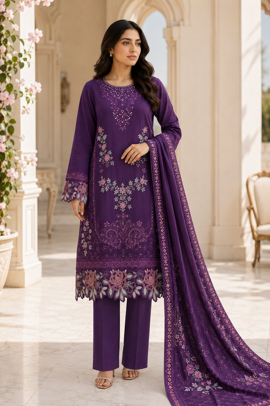 Embroidered Summer Cotton Lawn 3 Piece Suit – Royal Purple