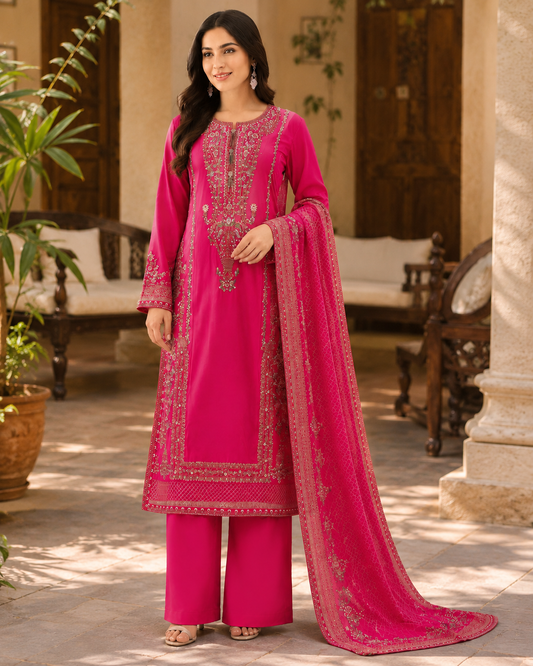 Embroidered Summer Cotton 3 Piece Suit – Shocking Pink