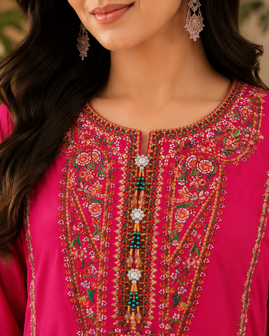 Embroidered Summer Cotton 3 Piece Suit – Shocking Pink
