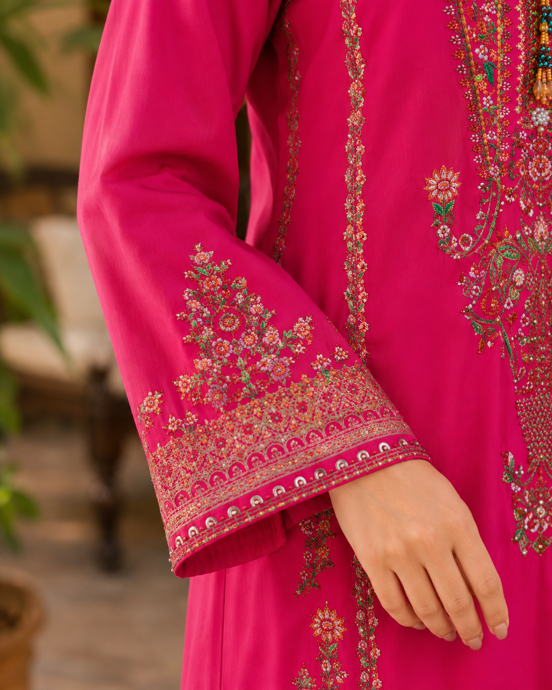 Embroidered Summer Cotton 3 Piece Suit – Shocking Pink