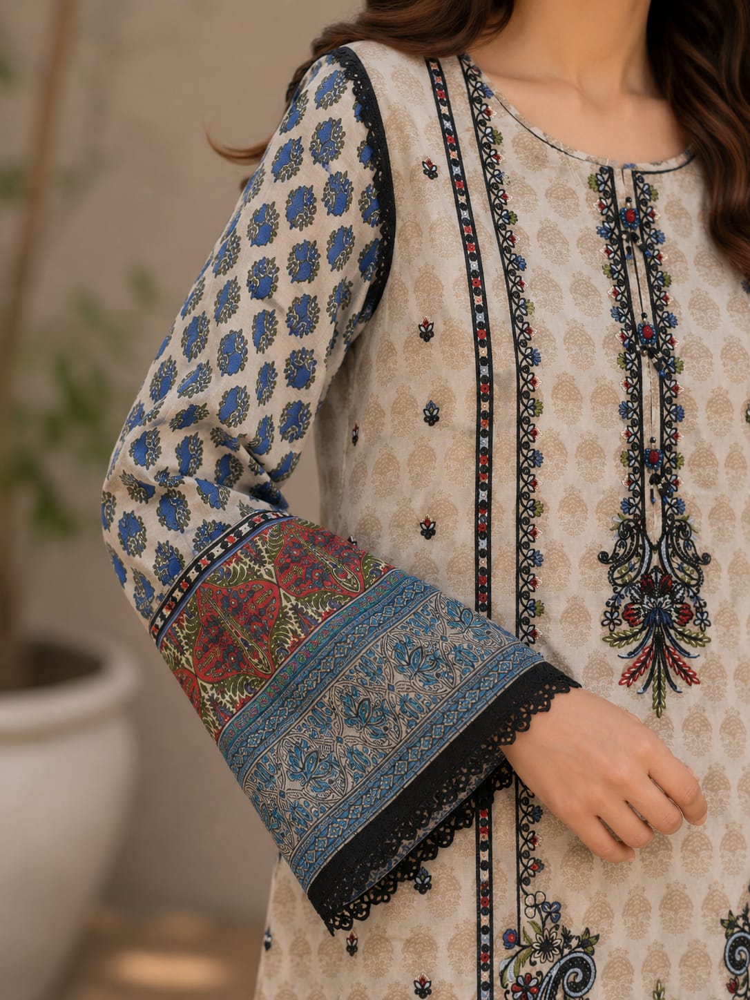 Off White & Blue Embroidered Dress